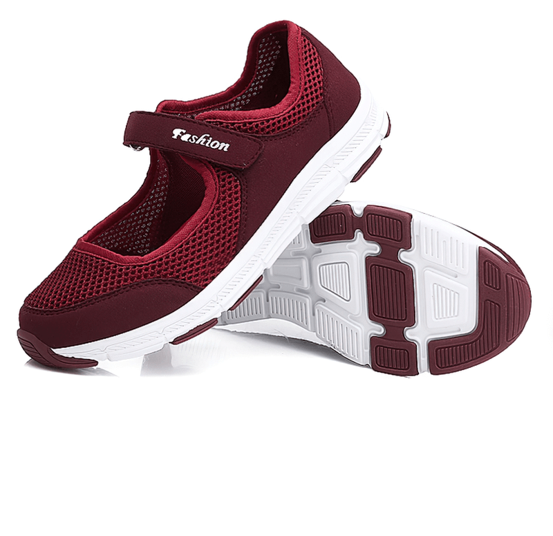 Women's breathable vulcanized flat shoes, super light mesh sneakers in red with hook and loop closure, SF1367.